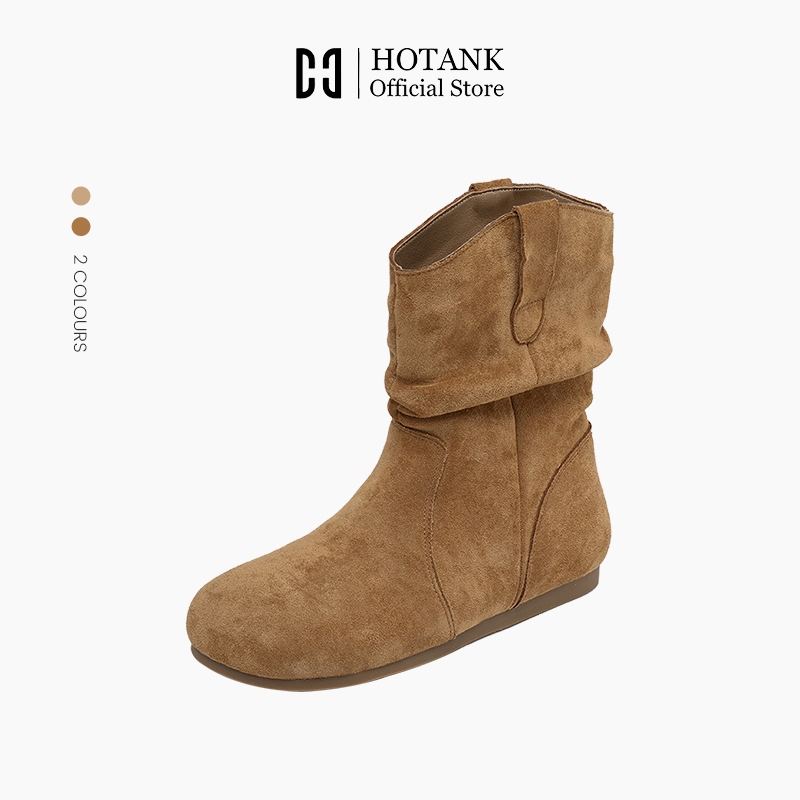 HOTANK รองเท้าบูทหุ้มข้อส้นเเบน(เเถมพื้นเสริมส้น) วัสดุPU ฤดูใบไม้ร่วงเเละฤดูหนาว สไตล์เกาหลี