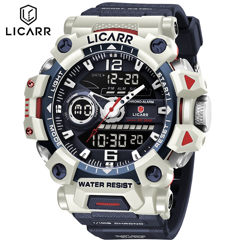 ลิคาร์ จอแสดงผลคู่แฟชั่นแบรนด์ชั้นนํากีฬากันน้ําปลุกปฏิทินแสงนาฬิกาผู้ชาย 9535