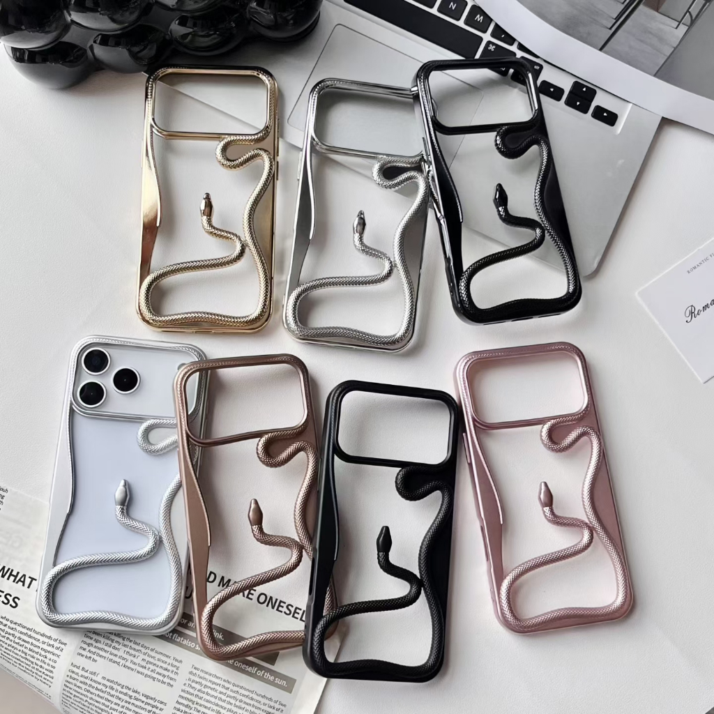 3D Creative Hollow Snake Soft CaseสําหรับiPhone 17 16 15 14 13 12 11 Pro Max 14 15 16 Plusแฟชั่นElectroplatingสีคลุมทั้งหมดกระจกขนาดใหญ่Anti Falling Cover