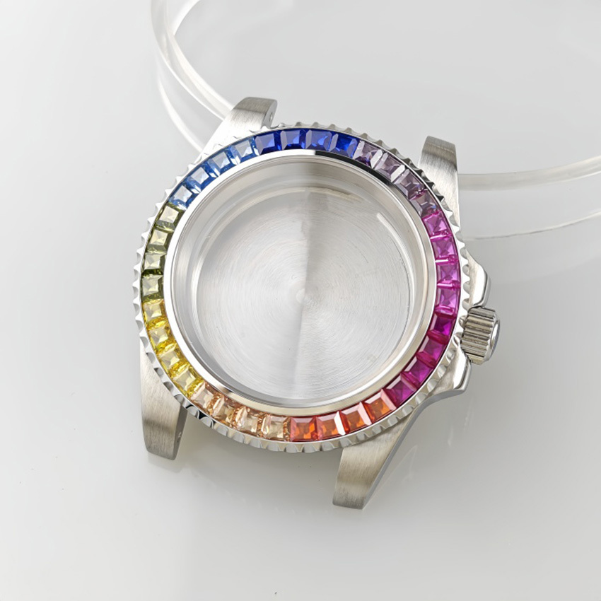 Sapphire Crystal SUB Watch Case Rainbow Bezel Diamond-Set Case and Strap for NH35/NH36/NH34 Movement