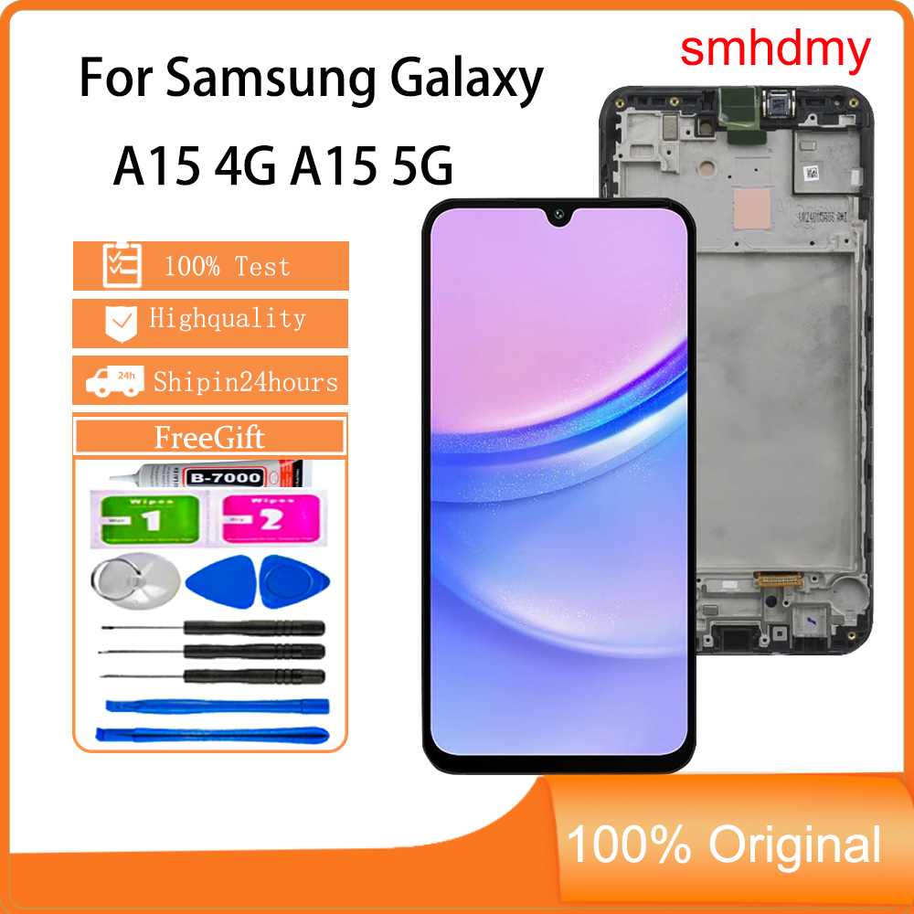 สําหรับ AMOLED Samsung Galaxy A15 4G A15 5G จอแสดงผล LCD กรอบหน้าจอสัมผัสเปลี่ยน