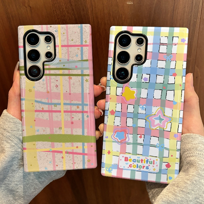 สไตล์แฟนสาวลายสก๊อตสดขนาดเล็กเคสป้องกันสองในหนึ่งเดียวเหมาะสําหรับ Samsung su22u s23 plus s23FE s24 s25 plus A55 A56 A36 เคสโทรศัพท์มือถือสองในหนึ่งเดียว