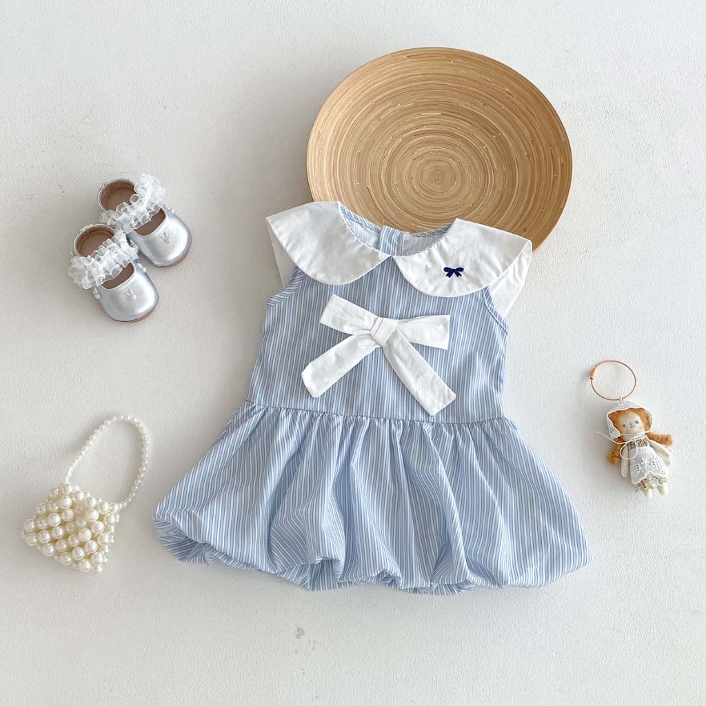 ชุดเดรสแขนกุดลายทางสีน้ำเงินสำหรับเด็กผู้หญิง อายุ 0-3 ปี
