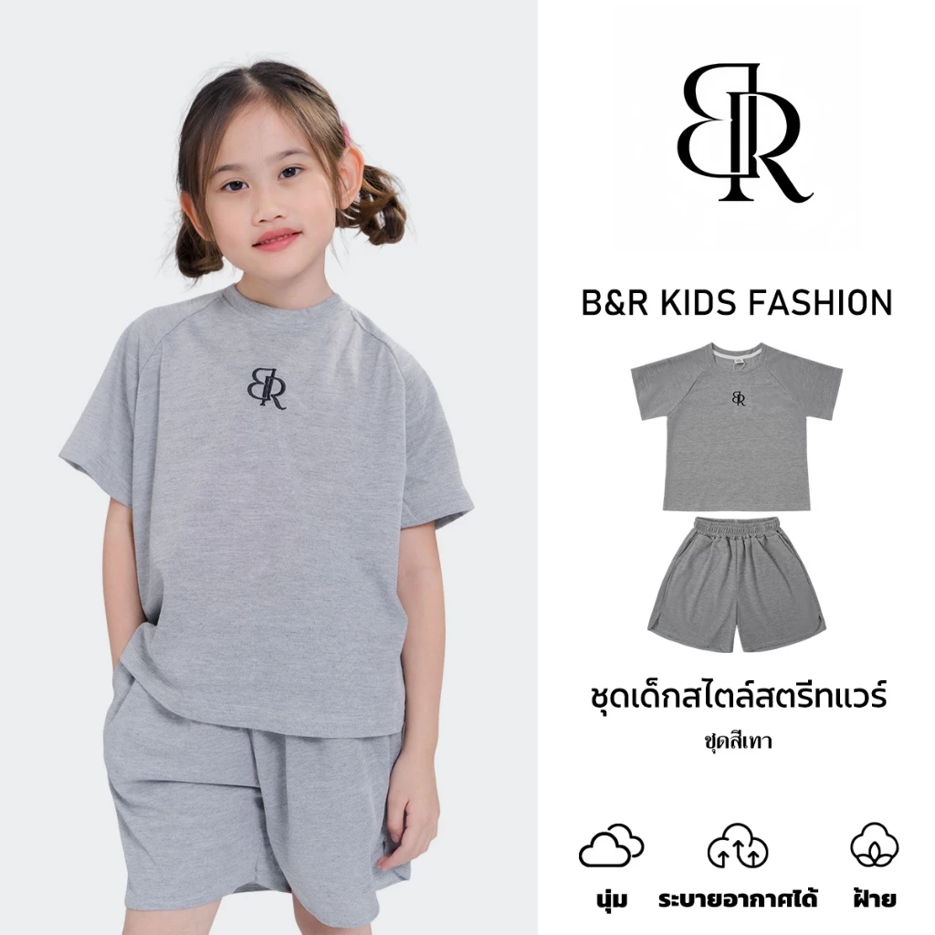 B&R Kids【ชุดเด็กผู้หญิง】จัดส่งจากประเทศไทย เสื้อยืดแขนสั้นผ้าฝ้ายพร้อมกางเกงขาสั้น สบาย ระบายอากาศได้ดี น่ารัก 5-12 ปี