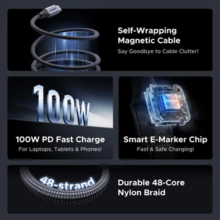 UGREEN สาย USB-C แม่เหล็กอัตโนมัติ 480Mbps Max, 20V/5A Max, รองรับการชาร์จเร็ว PD100W, USB 2.0 Data Transfer PVC เข้ากันได้กับ iPhone 17/16/15 series