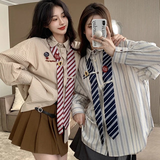 Rommers เสื้อเชิ้ตลายทางผูกเน็คไทย้อนยุคสไตล์เกาหลีทุกการแข่…