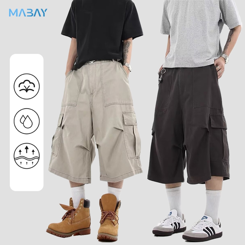 Mabay เกงขาสั้น ผู้ชาย ทรงหลวม ใส่สบาย กางเกงคาร์โก้ขาสั้น กระเป๋าขนาดใหญ่ ดีไซน์เรียบง่าย ใส่หน้าร้อน แบบบาง สไตล์ลำลอง ชุดคู่รัก ใส่ได้ทั้งผู้ชายและผู้หญิง
