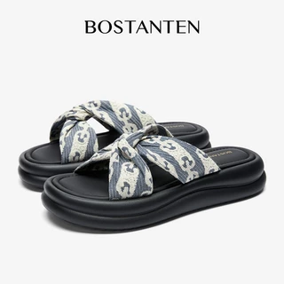 BOSTANTEN รองเท้าส้นตึก ผู้หญิง รองเท้าแตะเสริมส้น ยีนส์เดนิม แฟชั่นเกาหลี ส้นหนานุ่ม ไม่กัดเท้า