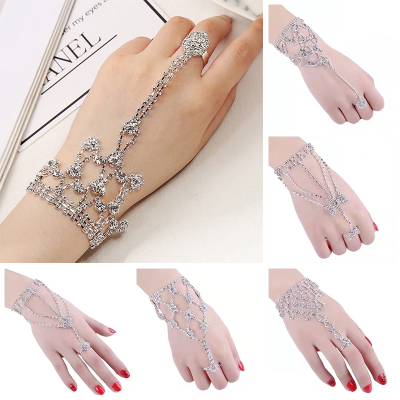 สร้อยข้อมือและแหวนBowknot Crown Linkสไตล์โมเดิร์น ตกแต่งคริสตัลRhineStone เครื่องประดับแฟชันสำหรับสาวๆ