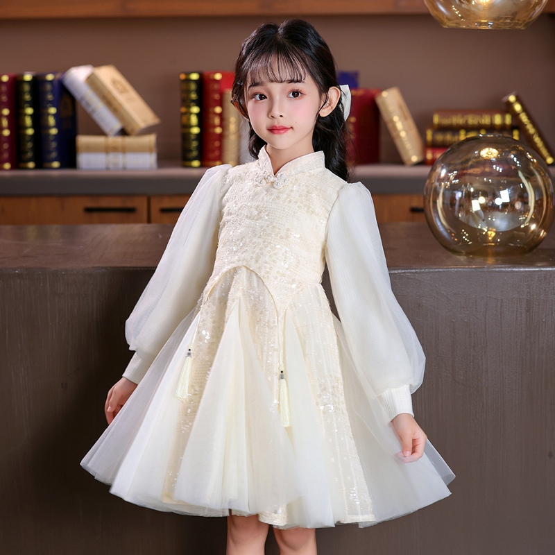 สาวเจ้าหญิงชุดสีชมพูแขนยาวสไตล์จีนพู่ชุดงานเลี้ยงวันเกิดชุดเต้นรํา