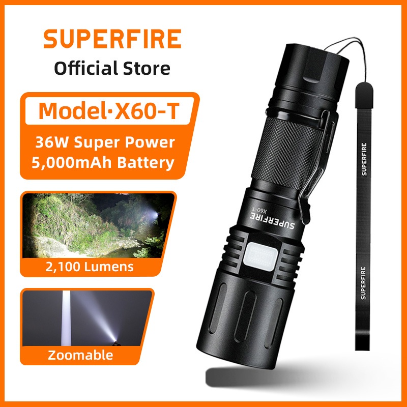 Superfire X60-T 36W ไฟฉาย LED แบบชาร์จไฟได้ที่มีประสิทธิภาพไฟฉายสว่างเป็นพิเศษกันน้ํา Zoomable Camping โคมไฟตกปลา