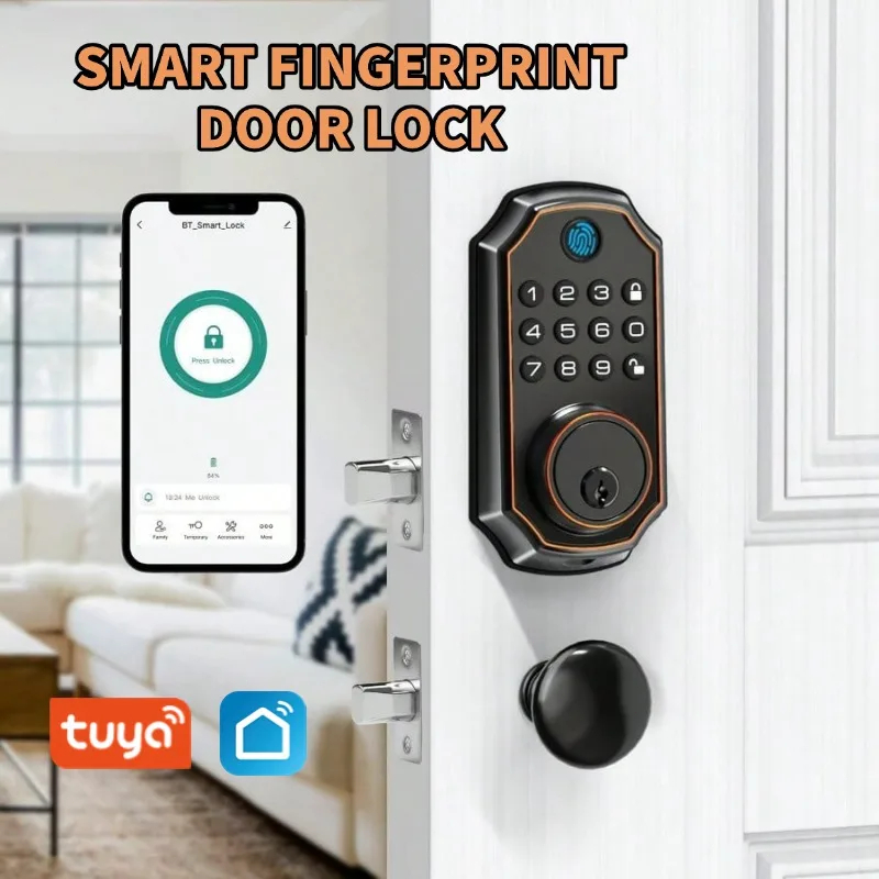 Tuya บลูทูธ Five-in-one ลายนิ้วมือประตูล็อครหัสผ่าน Smart Life App Key ปลดล็อคอิเล็กทรอนิกส์ Keyless Entry Digital Keypad ล็อค