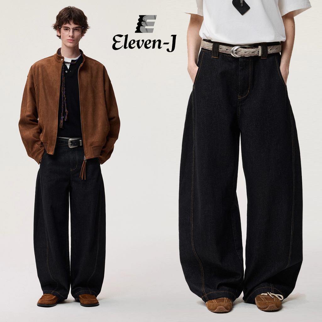 Eleven-J กางเกงยีนส์ผู้ชายขากว้างสีดํา กางเกงยีนส์ลําลองทรงหลวม ทรงบอลลูน kins baggy jeans ไซส์ใหญ่ 