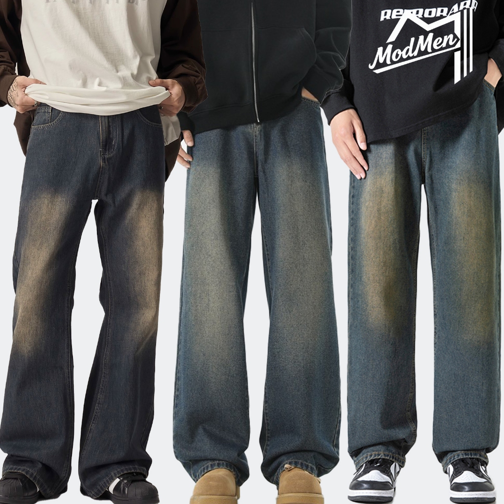 ModMen Baggy Jeans 4 สี กางเกงยีนส์ผู้ชายขากว้าง ไซลินไดรต์ พอดี คอปกปานกลางพอดีเก็บอย่างดี