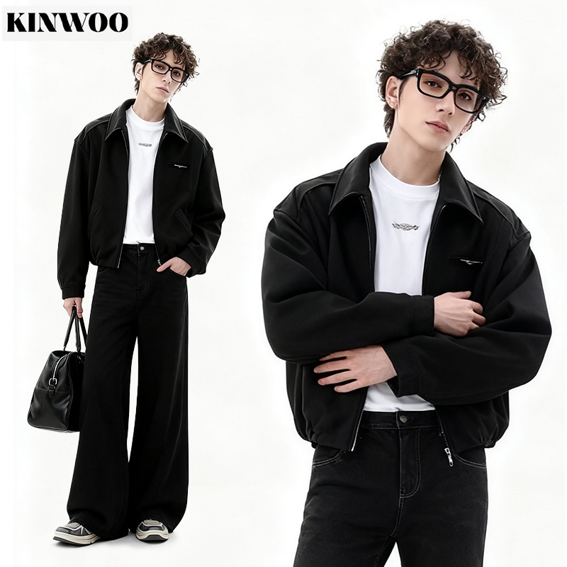 KINWOOแจ็กเก็ตสั้น 2 สี (ดำ/คาคี) สไตล์สตรีทเวอร์ ใส่แล้วดูสูงทันใจ! แจ็กเก็ต Unisex สั้นสะดุดตา! ใส่คู่กับยีนส์/กระโปรงก็เท่ ไม่มีออกแบบไม่ซ้ำใคร