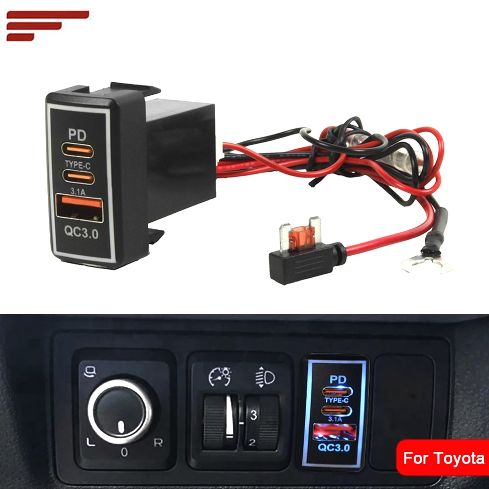 1pcs USB Car Charger PD QC3.0 3part Dual TYPE-C Car Charger Socket 12V 24V ชาร์จโทรศัพท์อะแดปเตอร์ชาร์จไฟสําหรับ Toyota TS-01-C