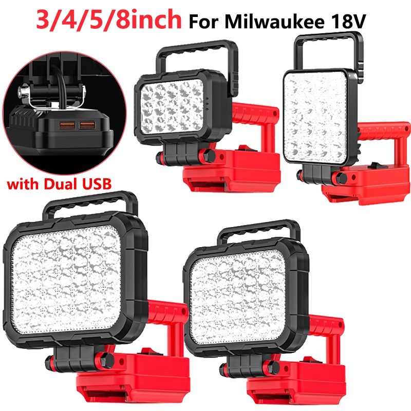 โคมไฟทํางาน LED ขนาด 3/4/5/8 นิ้วสําหรับแบตเตอรี่ Li-ion Milwaukee 18V พร้อมพอร์ต USB คู่ โคมไฟแบบพกพาสว่างสําหรับการปรับซ่อม