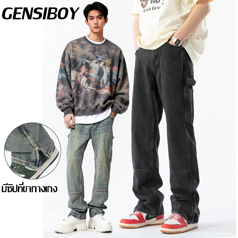 Gensiboy- กางเกงยีนส์คาร์โก้ผู้ชาย ขายาว ทรงตรง ทรงหลวม สีสนิม แต่งซิป แฟชั่นฤดูร้อน สไตล์อเมริกัน ขากระบอกใหญ่ ทรงกระบอกเอวสูง ใส่สบาย baggyjeans