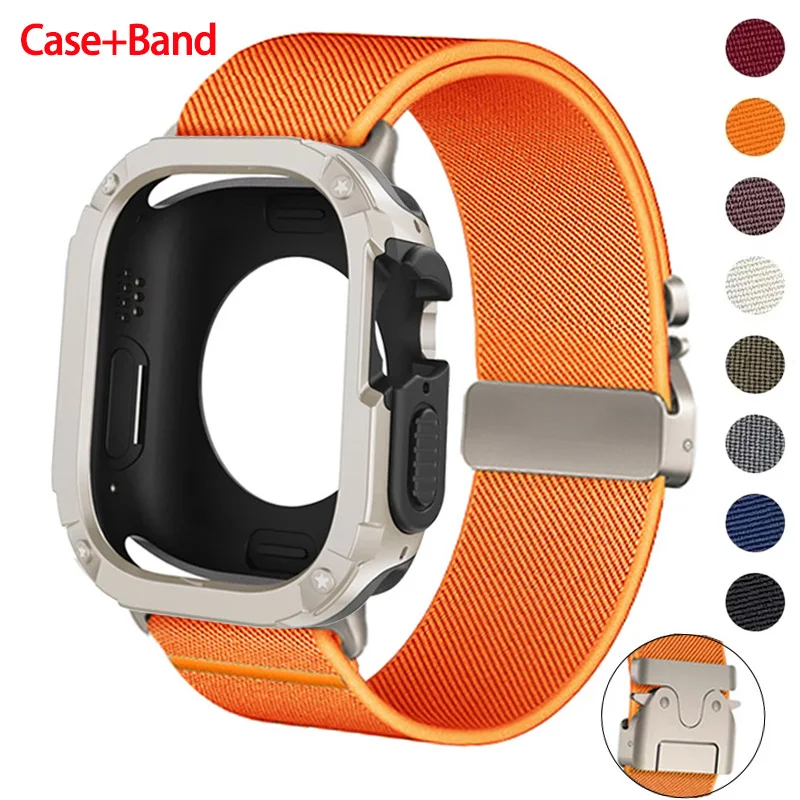 2-in-1 สายไนลอน PC ฝาครอบกันชน + สายรัดสําหรับ Apple Watch Ultra 3 2 49 มม.Series 11 10 46 มม.42 มม.45 มม.41 มม.44 มม.10 9 8 7 6 SE 5