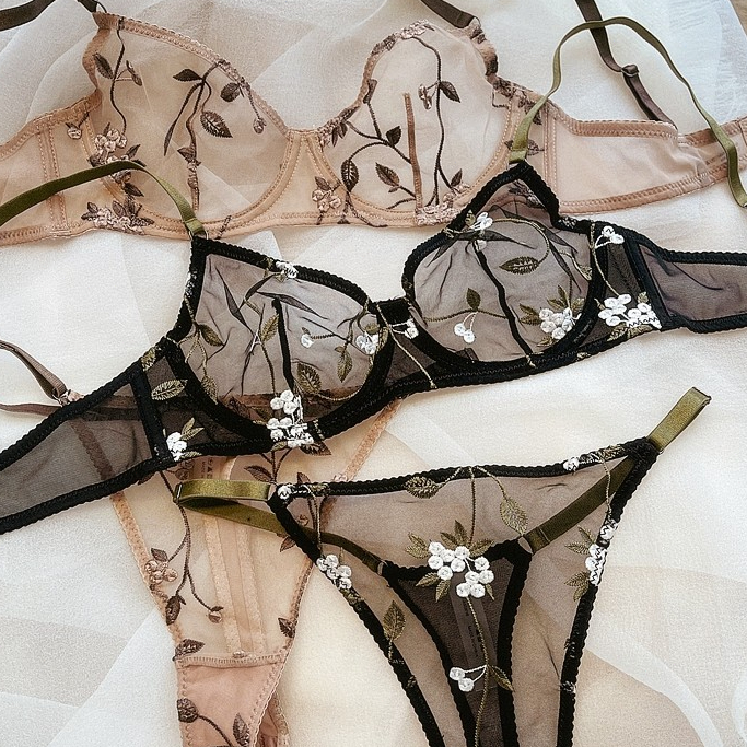 ชุดชั้นในเซ็กซี่ฝรั่งเศสผ้ากอซโปร่งใสบางเฉียบปักแหวนเหล็ก Push-Up Bra Set