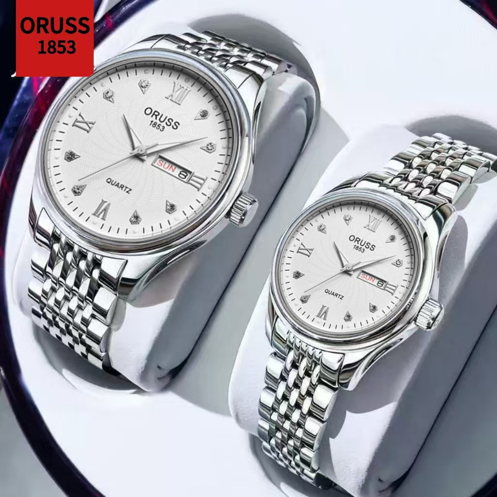 ORUSS รัส แบรนด์เดิมคู่สแตนเลสหรูหราเงินกันน้ําปฏิทินคู่นาฬิกาแฟชั่นส่องสว่างเวอร์ชั่นเกาหลีนาฬิกาข้อมือควอตซ์