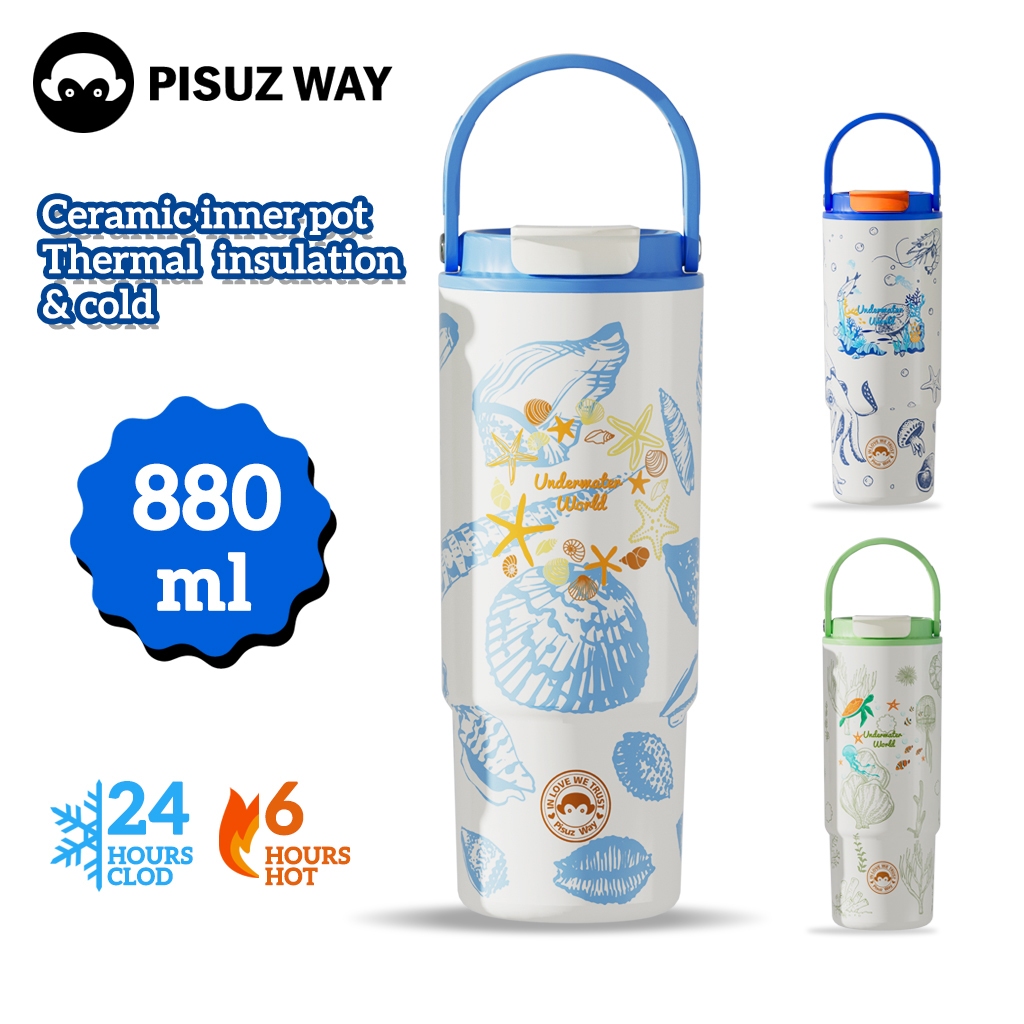 ถ้วยเก็บความร้อนน่ารัก 880ml ความจุขนาดใหญ่ถ้วยสูญญากาศที่มีมือจับรั่วซึมเซรามิกซับถ้วยฉนวนถ้วยเดินทาง