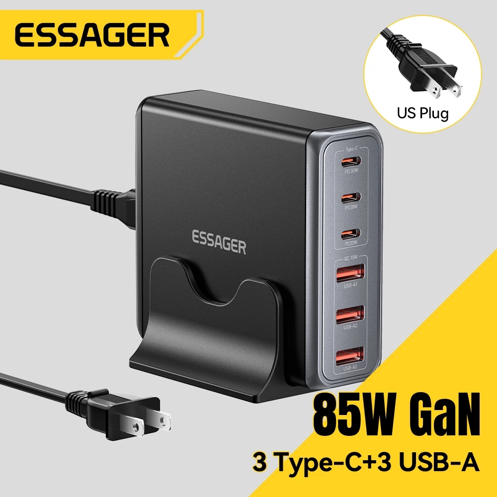 Essager 85W GaN 3 Type-C+3 USB-A อัจฉริยะอุณหภูมิต่ําชาร์จเร็วเครื่องชาร์จเดสก์ท็อปเข้ากันได้กับแล็ปท็อปสมาร์ทโฟน