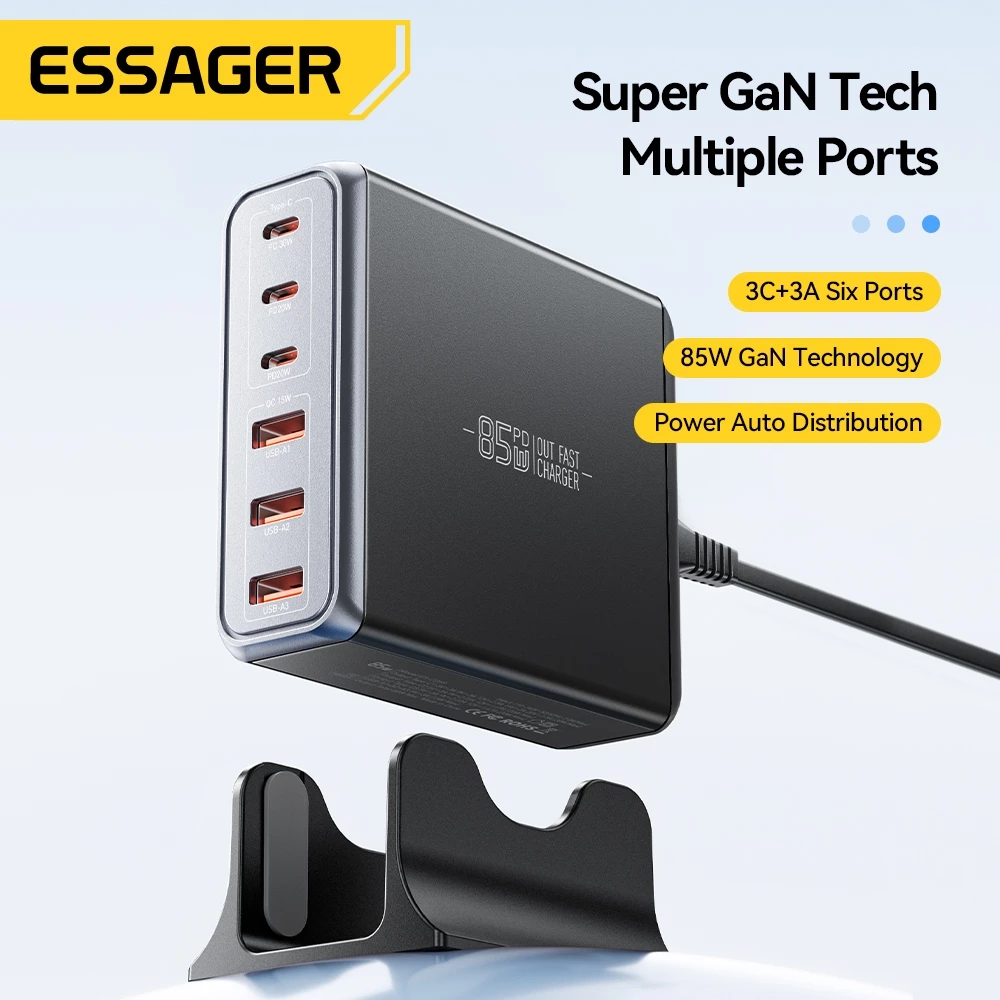 Essager 85W GaN 3 Type-C+3 USB-A อัจฉริยะอุณหภูมิต่ําชาร์จเร็วเครื่องชาร์จเดสก์ท็อปเข้ากันได้กับแล็ปท็อปสมาร์ทโฟน thumbnail 3