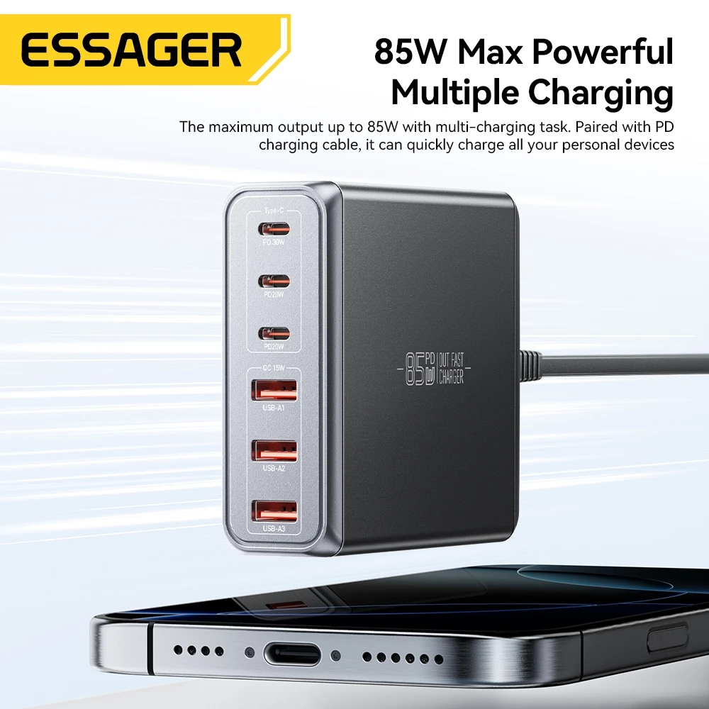 Essager 85W GaN 3 Type-C+3 USB-A อัจฉริยะอุณหภูมิต่ําชาร์จเร็วเครื่องชาร์จเดสก์ท็อปเข้ากันได้กับแล็ปท็อปสมาร์ทโฟน thumbnail 4