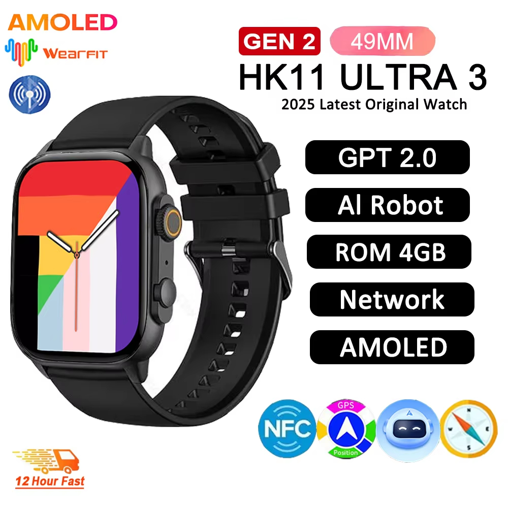 ใหม่ HK11 Ultra 3 Max Original SmartWatch HD AMOLED AI หุ่นยนต์แชร์เครือข่ายบลูทูธChatGPTนาฬิกาNFCเข
