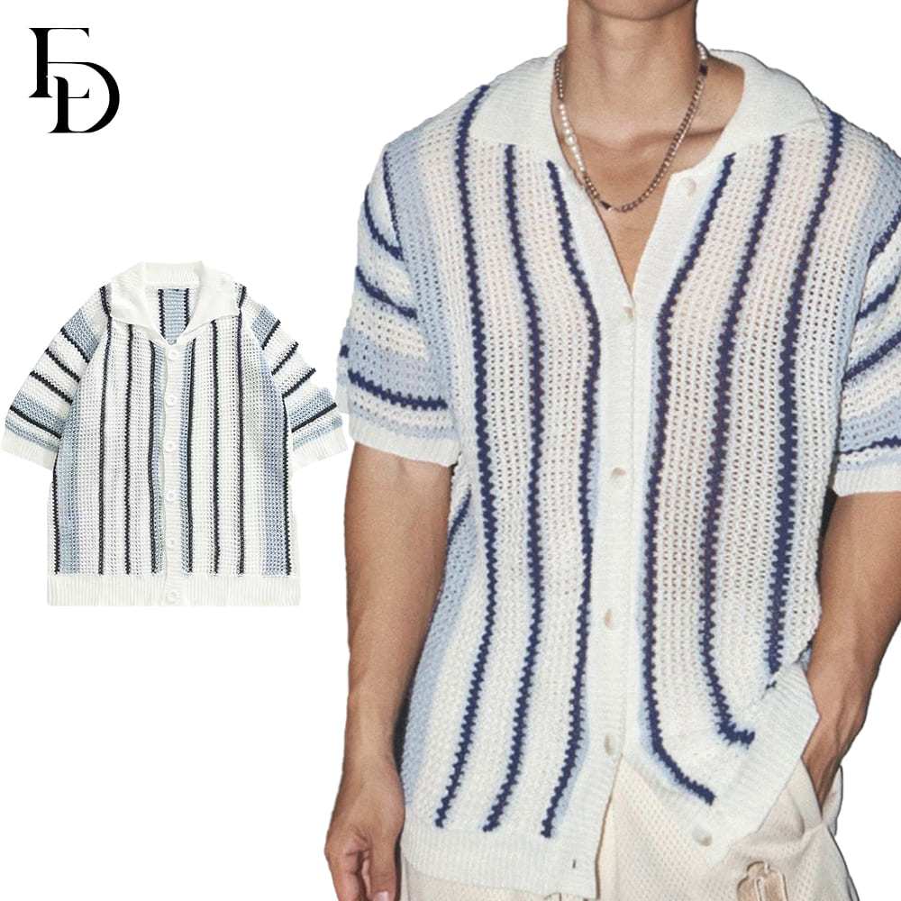 Edenstudio COD เสื้อเชิ้ตหลวมถักลายทางเกาหลีสไตล์รีสอร์ท