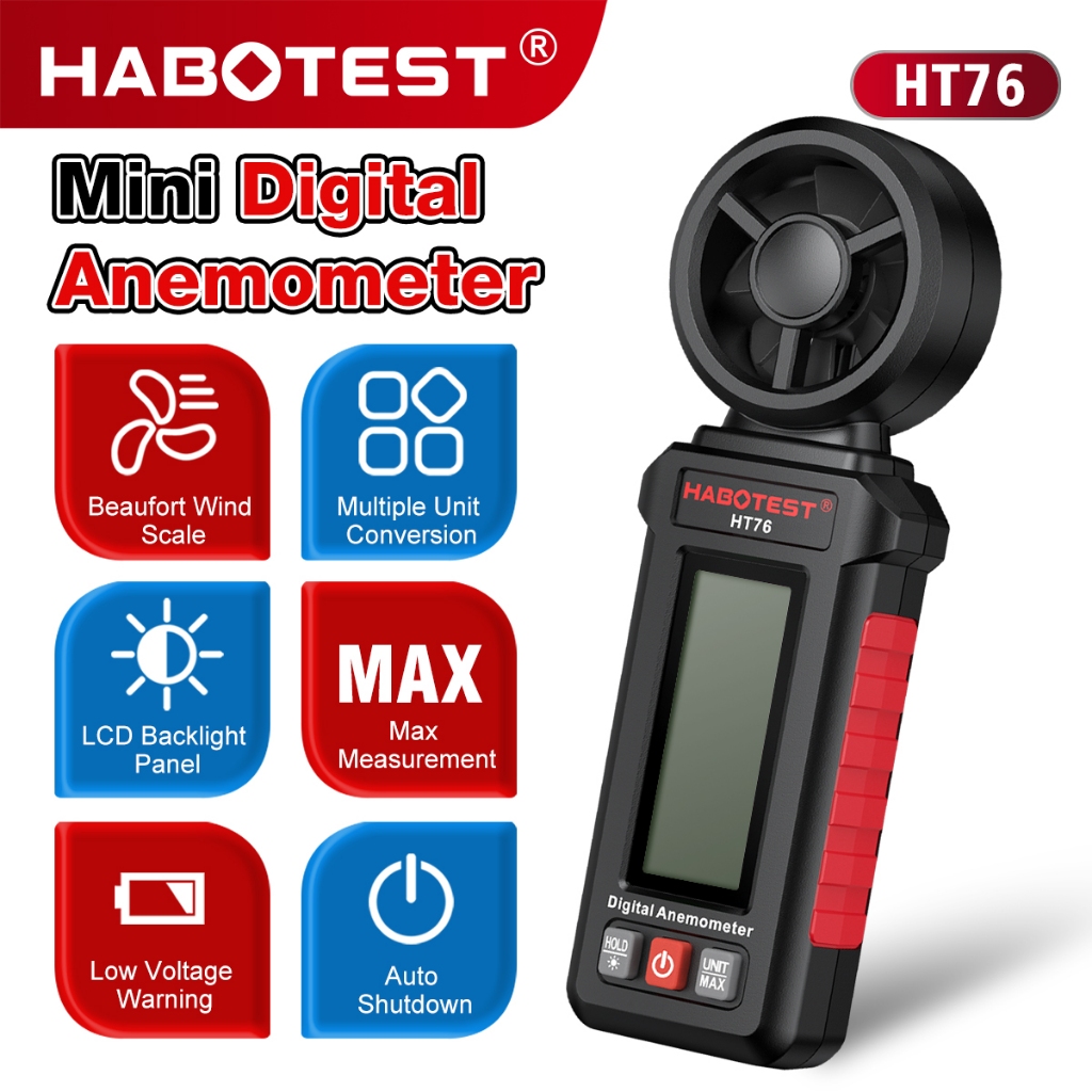 ​HABOTEST HT76 เครื่องวัดความเร็วลมดิจิตอลขนาดเล็กความแม่นยําสูง 8 ใบมีดเซ็นเซอร์ลม Tri-Color Backlight 6 หน่วย Conversion การออกแบบแบบพกพาขนาดกะทัดรัดสําหรับการยิง Sailing การใช้อุตสา