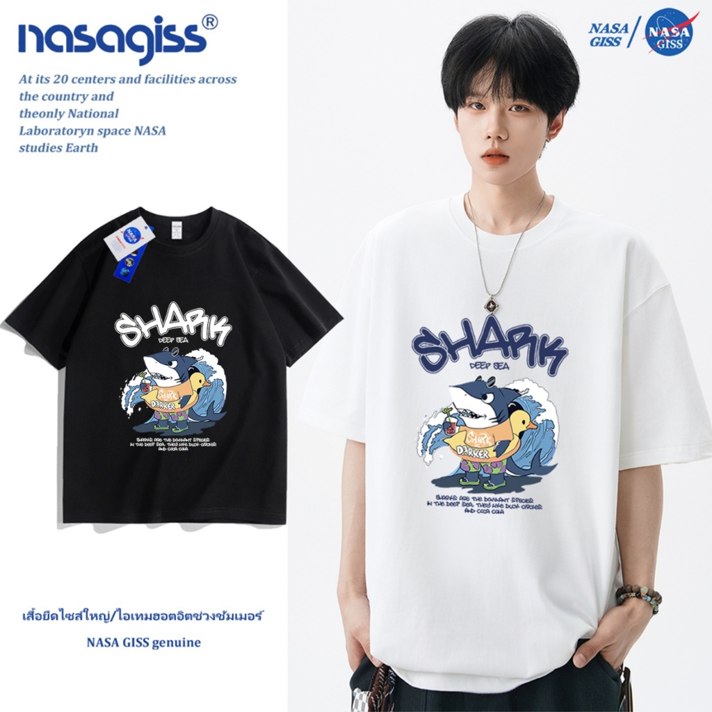 NASA เสื้อยืดชายหญิงแขนสั้น สตรีทฮิปฮอป summer ห่วงยางว่ายน้ำของฉลาม พิมพ์ลาย คอตตอน คอกลม หลวมและระบายอากาศ
