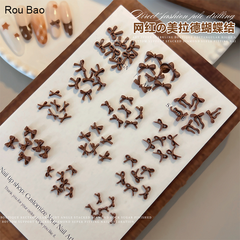 Rou Bao 50 ชิ้นเล็บ Maillard โบว์สีน้ําตาล Girly 3D เรซิ่นเล็บ Art DIY Charms ตกแต่ง