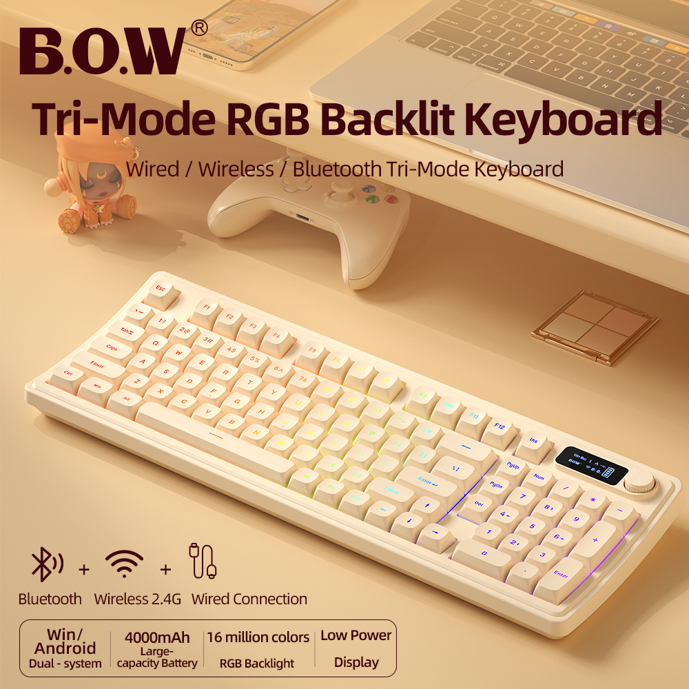 BOW K820BU/K820BDL คีย์บอร์ด Tri-mode แบบมีสาย RGB Backlit สีสัน Office Gaming สําหรับแล็ปท็อปแท็บเล