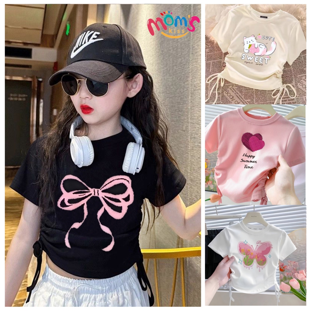 เสื้อยืดแขนสั้นสำหรับเด็กผู้หญิงแบบใหม่ มีลายพิมพ์น่ารัก ออกแบบเชือกด้านข้าง ทำจากผ้าฝ้าย 100% สวมใส่สบายและระบายอากาศได้ดี เหมาะสำหรับเด็กผู้หญิงใส่ในทุกโอกาส