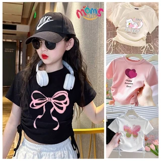 เสื้อครอปสไตล์ใหม่สำหรับเด็กผู้หญิง ดีไซน์พิมพ์ลายน่ารัก เชือกด้านข้าง เสื้อบลาสท็อปแฟชั่นสำหรับเด็กผู้หญิง