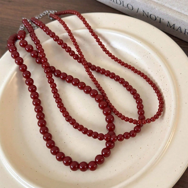 สร้อยคอมุกและลูกปัดสีแดง สไตล์จีนแฮนด์เมด เครื่องประดับแฟชั่นสำหรับผู้หญิง เป็นของขวัญวันหยุดที่สวยงาม