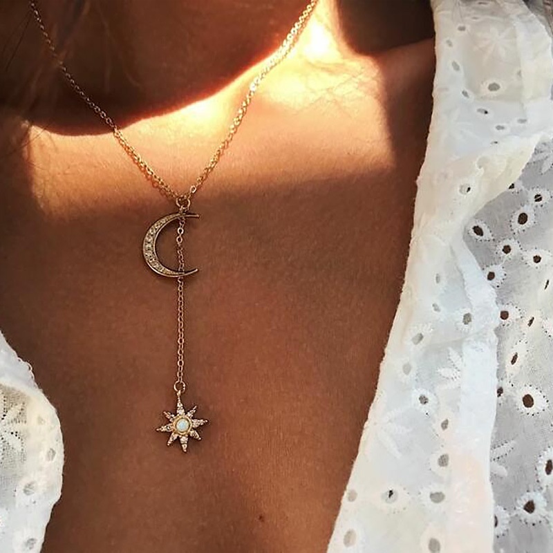 Vintage Multilayer Moon Sun Zircon พู่สร้อยคอลูกปัดสำหรับผู้หญิงและเป็นของขวัญที่เหมาะสำหรับวันหยุด