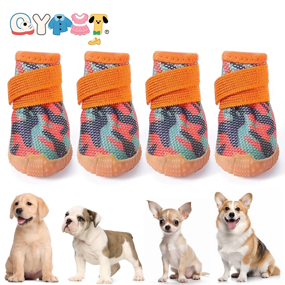 QYPET 4 ชิ้น/ล็อตรองเท้าสัตว์เลี้ยงสุนัขลื่น Breathable Paw Protector ฝาครอบลูกสุนัขกลางแจ้งเดินกีฬาสบายรองเท้าตาข่ายสัตว์เลี้ยง Essentials