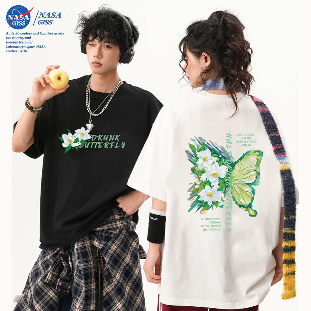 NASA เสื้อยืดชายหญิงแขนสั้น สตรีทฮิปฮอป summer ผีเสื้อ พิมพ์ลาย คอตตอน คอกลม หลว