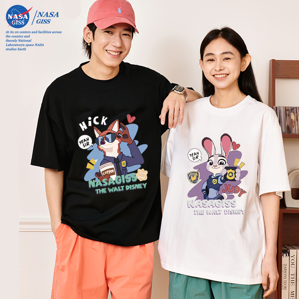 NASA เสื้อยืดชายหญิงแขนสั้น สตรีทฮิปฮอป summer nasaZootopia พิมพ์ลาย คอตตอน คอกลม หลวมและระบายอากาศ