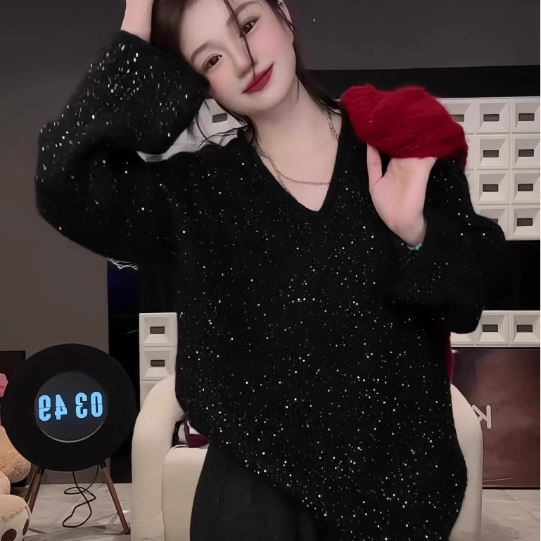 เสื้อถักแขนยาวคอลาย V แบบ Fine Glitter สไตล์ฤดูใบไม้ร่วง