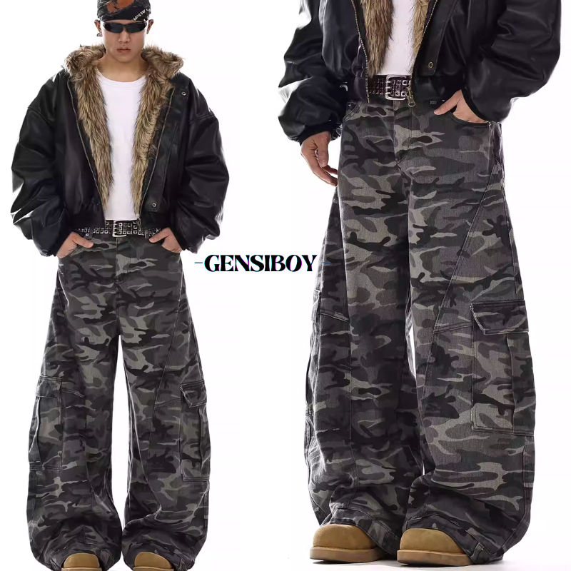 Gensiboy-กางเกงยีนส์ผู้ชาย แนววินเทจอเมริกันลายพราง กระบอกใหญ่ ทรงตรง ทรงหลวม ขากว้าง M-3XL