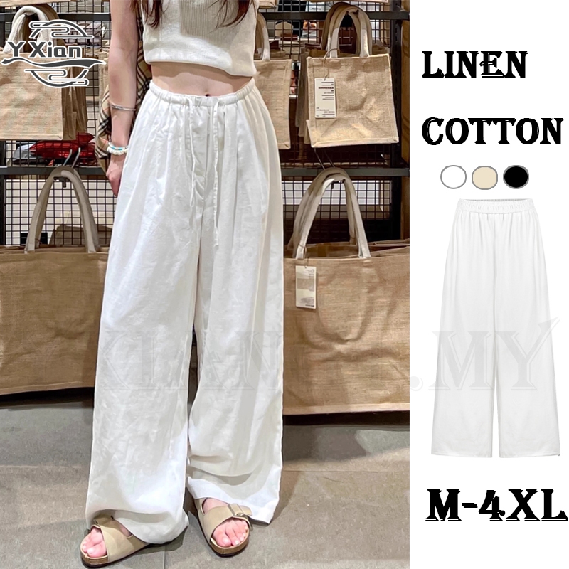 กางเกงสีขาวผู้หญิง Retro กางเกงผ้าลินินสีขาว Seluar Putih Perempuan กางเกงผู้หญิง Seluar Slack Plus 
