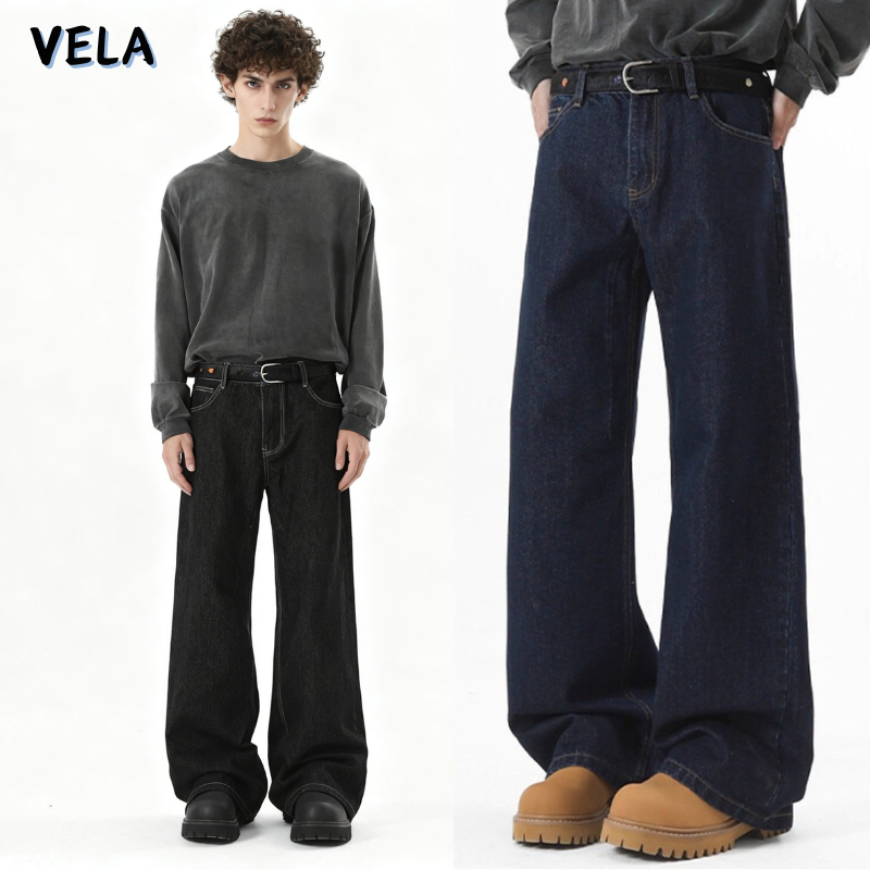 Vela-กางเกงยีนส์ผู้ชายขากว้าง อเมริกันย้อนยุค สไตล์ใหม่ สำหรับฤดูใบไม้ผลิและฤดูใบไม้ร่วง ใส่สบาย