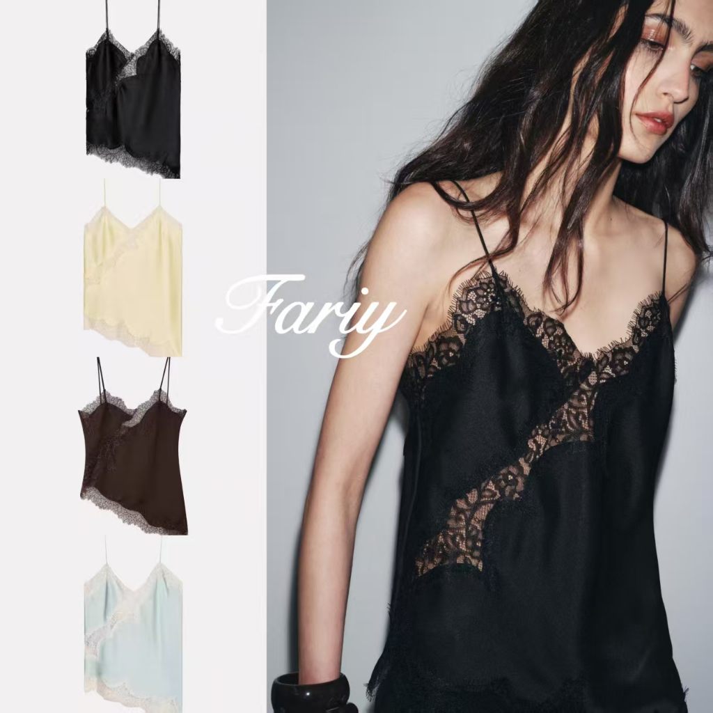 Fariy🍒คลังสินค้าพร้อม🍒 เสื้อกล้ามทรงไม่สมมาตรประดับลูกไม้สีดำเปิดหลังเซ็กซี่สำหรับผู้หญิงในช่วงฤดูร้อน