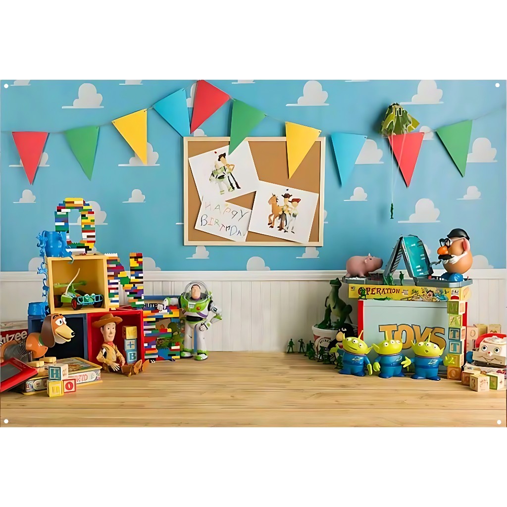 Toy Story ฉากหลังการถ่ายภาพสีฟ้าพื้นหลังภาพสําหรับอะนิเมะวันเกิดเด็กตกแต่ง Party 5x3FT แบนเนอร์โพลีเอสเตอร์