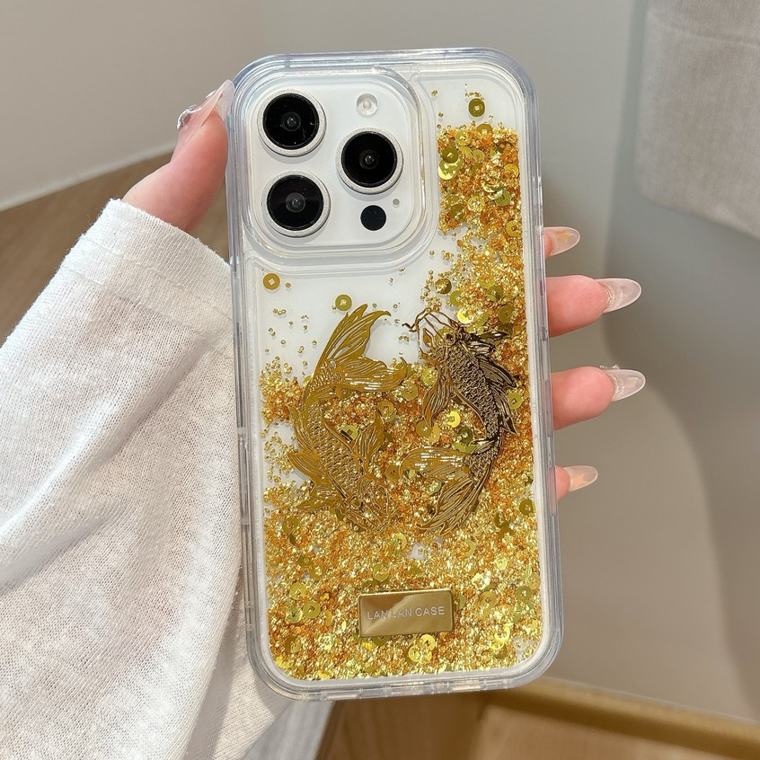 สไตล์จีนทองปลาคาร์พปลา Glitter เลื่อม Quicksand อะคริลิคโปร่งใสเคสโทรศัพท์สําหรับ iPhone 17Promax 17Pro 17Air 11 12 13 14 15 16 Pro Max 15Plus โทรศัพท์มือถือ