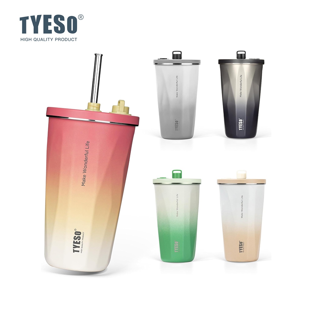 TYESO แก้วเก็บความร้อน–เย็น สแตนเลส 18/8｜หลอดดูดพับได้｜ลายไล่เฉดสี｜โปรโมชั่นพิเศษ｜สุ่มแถมพวงกุญแจมุกเทียม (บางออเดอร์เท่านั้น)